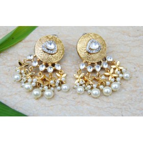 Golden Stud Kundan Pearl Dangler Earrings